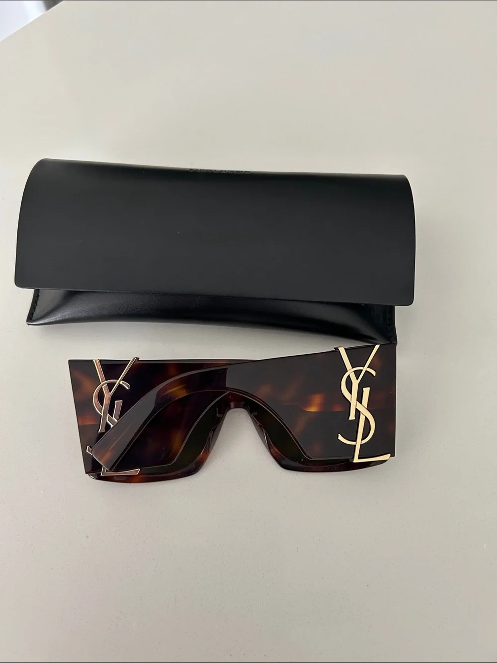 Yves Saint Laurent Tortoiseshell Shield Sunglasses with Gold YSL Accents